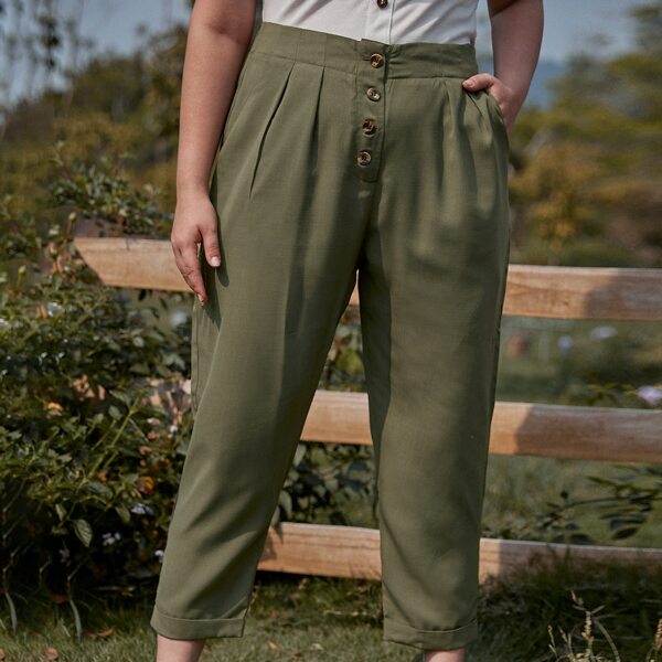

Plus Button Fly Slant Pocket Pants, Army green