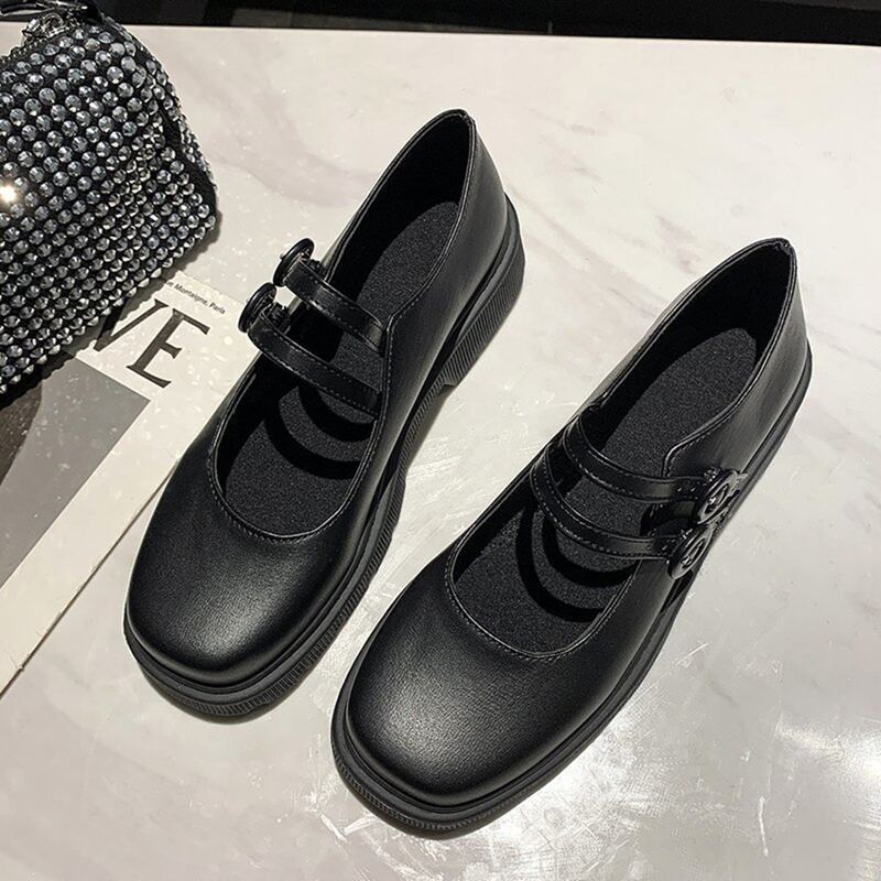 

Double Strap Square Toe Mary Jane Flats, Black