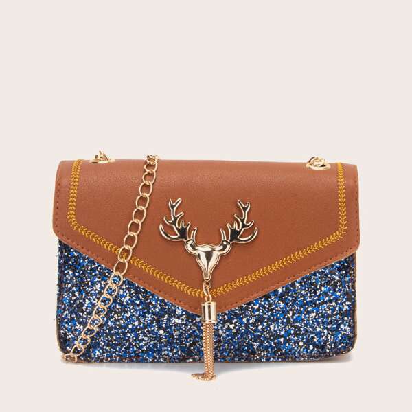 

Glitter Metal Tassel Decor Crossbody Bag, Brown
