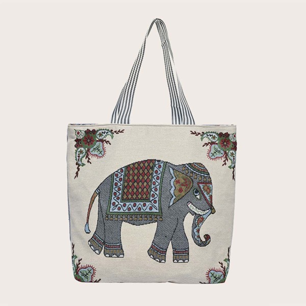 

Elephant Pattern Canvas Tote Bag, Beige