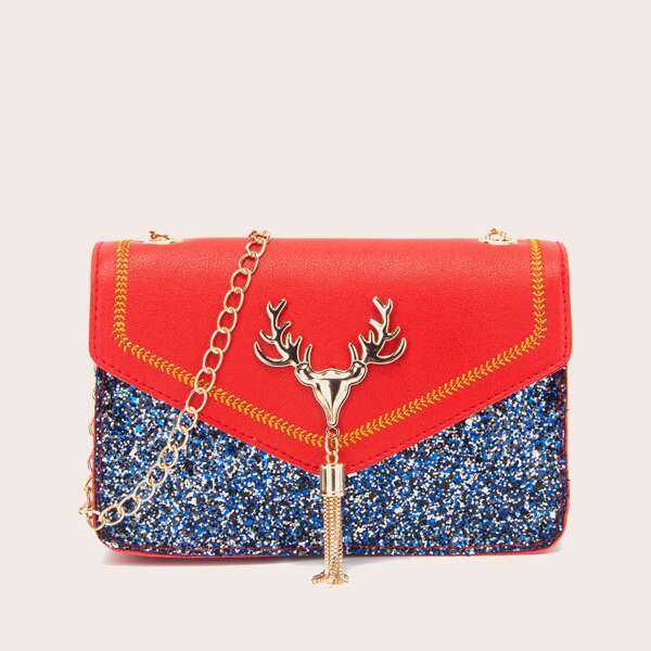 

Glitter Metal Tassel Decor Crossbody Bag, Red