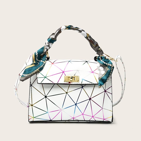 

Twilly Scarf Decor Geometric Graphic Twist Lock Satchel Bag, White
