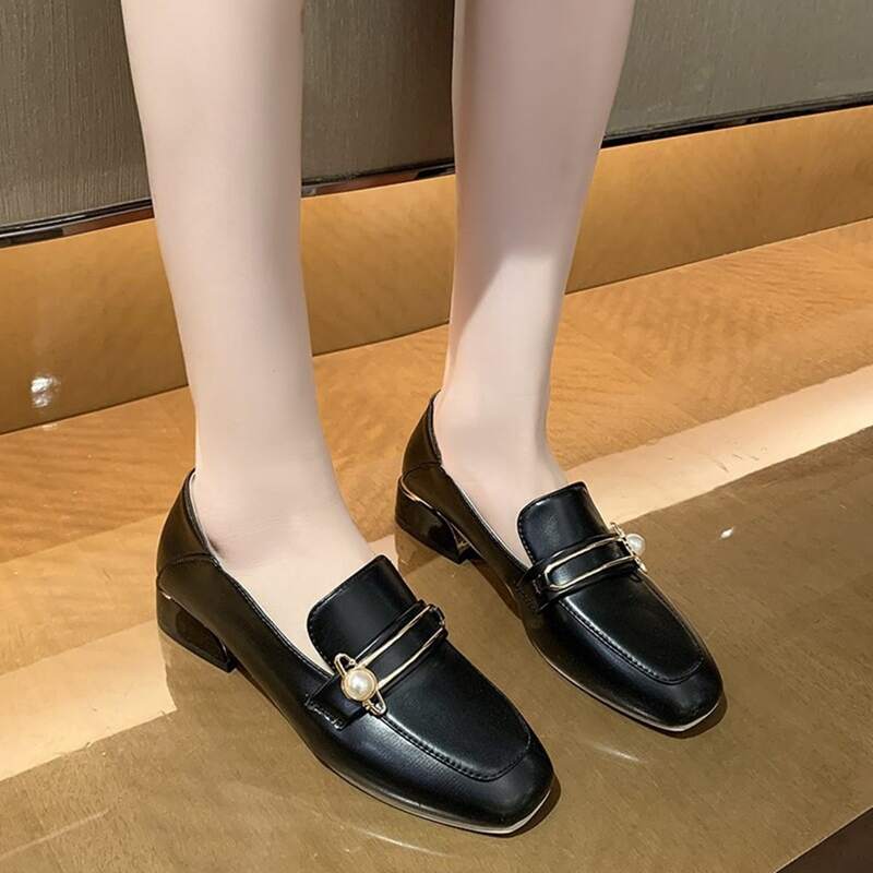 

Faux Pearl Square Toe Flat Loafers, Black