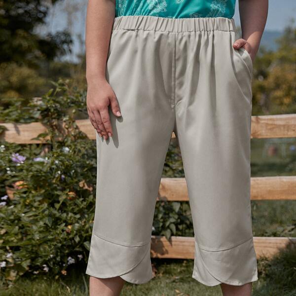 

Plus Wide Leg Slant Pocket Capris Pants, Beige