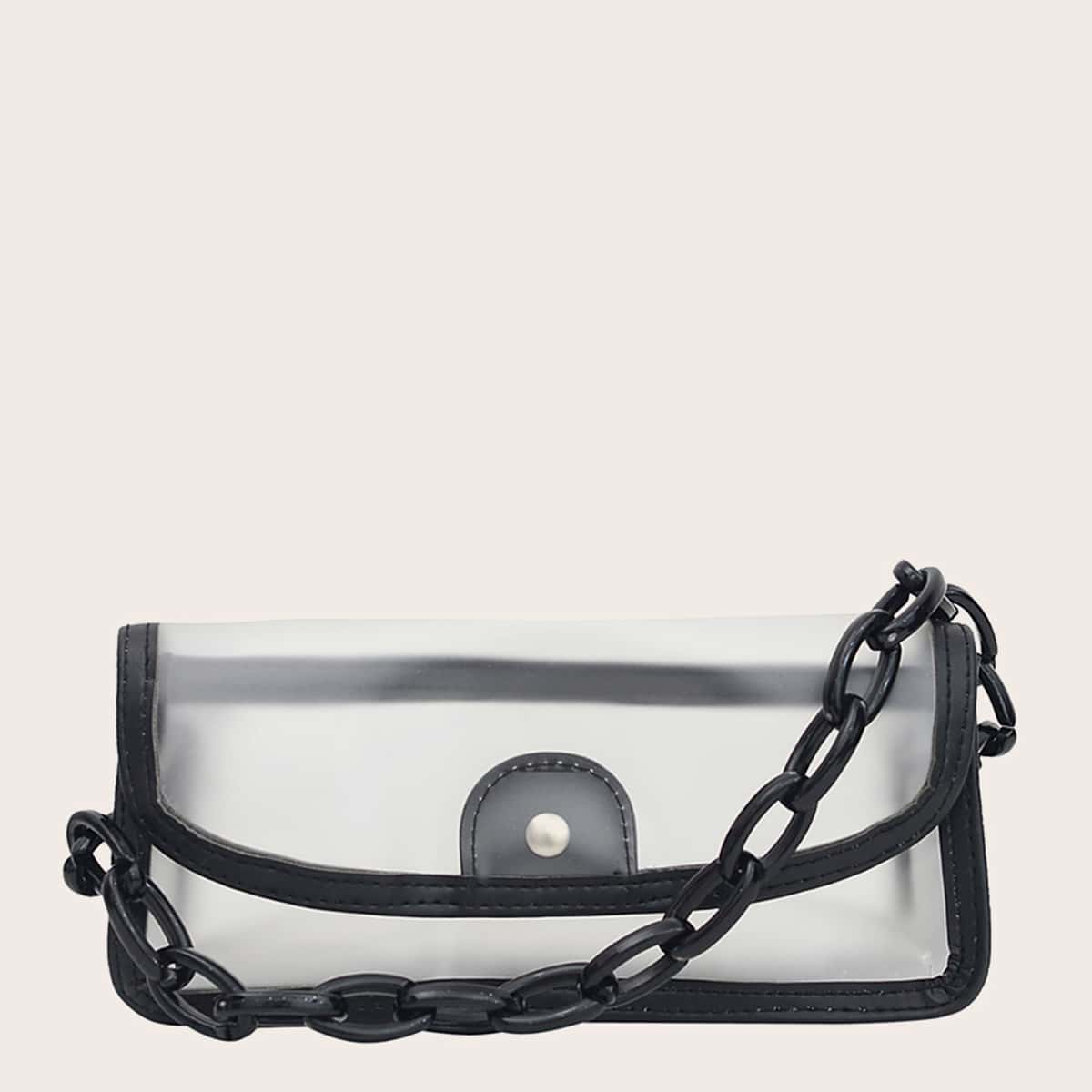

Clear Flap Chain Shoulder Bag, Black