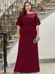 EVERPRETTY Plus Split Sleeve Rhinestone Ruched Prom Dress - Maroon - View 1