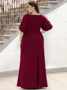 EVERPRETTY Plus Split Sleeve Rhinestone Ruched Prom Dress - Maroon - View 2