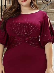EVERPRETTY Plus Split Sleeve Rhinestone Ruched Prom Dress - Maroon - View 3
