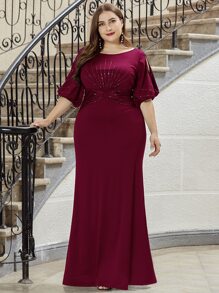 EVERPRETTY Plus Split Sleeve Rhinestone Ruched Prom Dress - Maroon - View 4