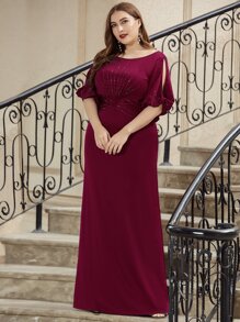 EVERPRETTY Plus Split Sleeve Rhinestone Ruched Prom Dress - Maroon - View 5