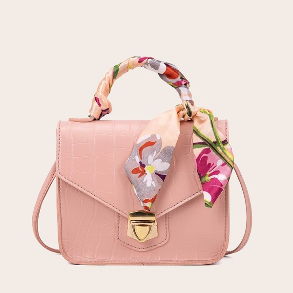 

Twilly Scarf Decor Push Lock Satchel Bag, Pink