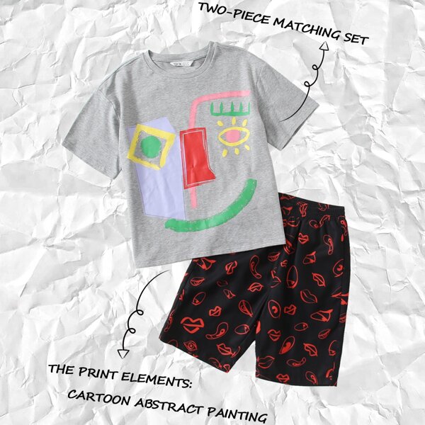 

Boys Cartoon Graphic Tee & All Over Print Shorts Set, Multicolor