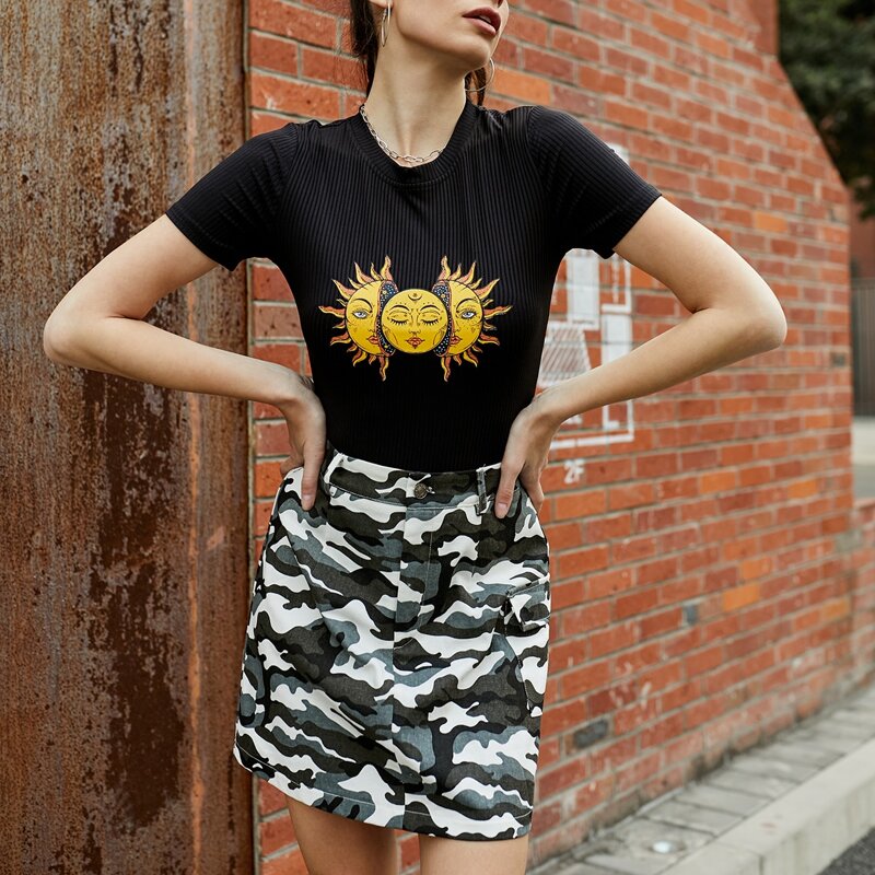 

Sun Graphic Rib Tee Bodysuit, Black