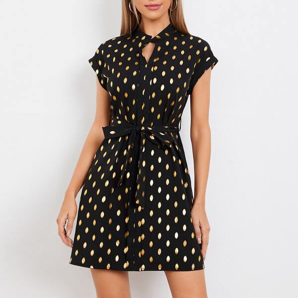 

Notch Neck Gold Dot Belted Dress, Black