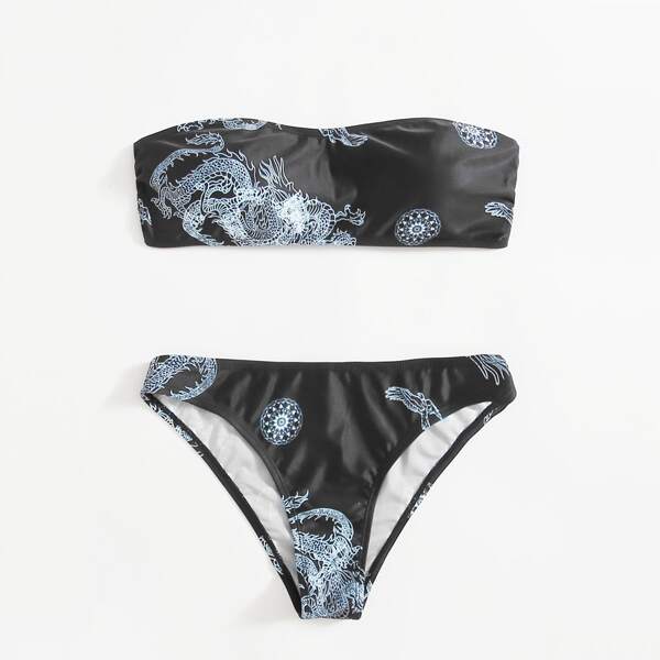 

Chinese Dragon Print Bandeau Bikini Swimsuit, Black and white