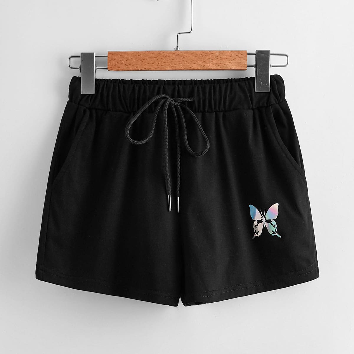 

Butterfly Graphic Drawstring Shorts, Black