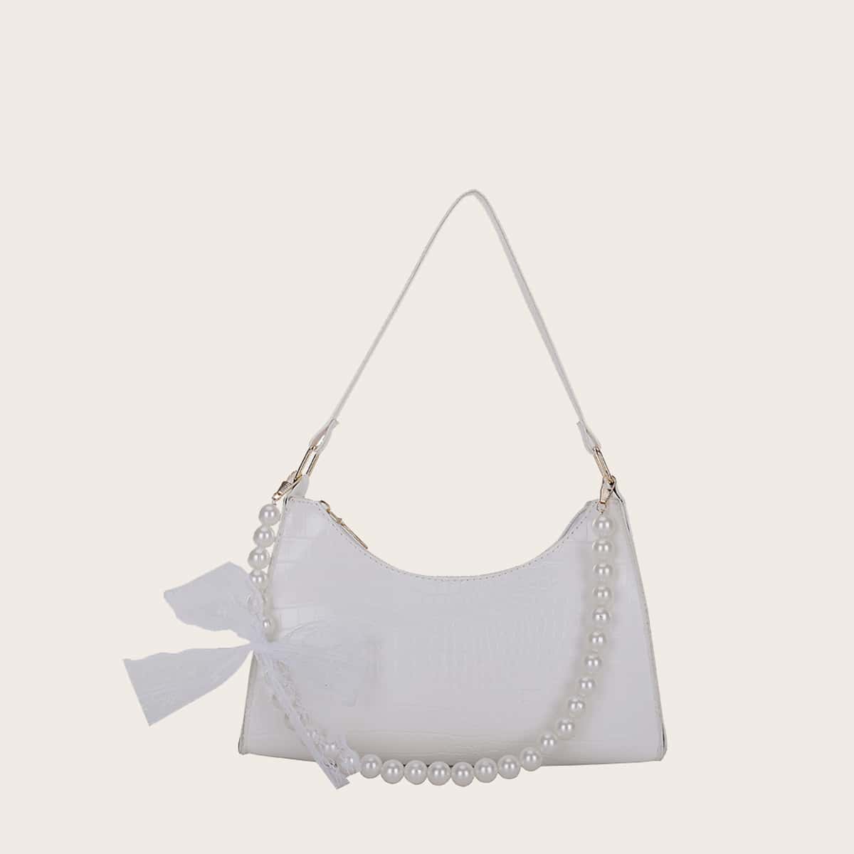 

Faux Pearl Croc Embossed Baguette Bag, White