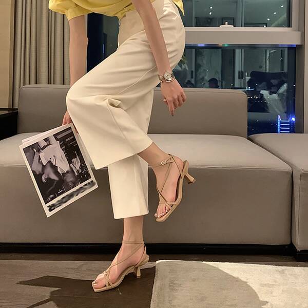 

Thin Strap Sculptural Heeled Sandals, Khaki
