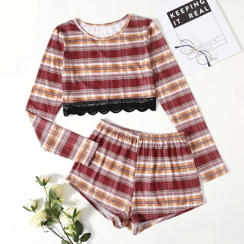

Plaid Lace Panel PJ Set, Multicolor
