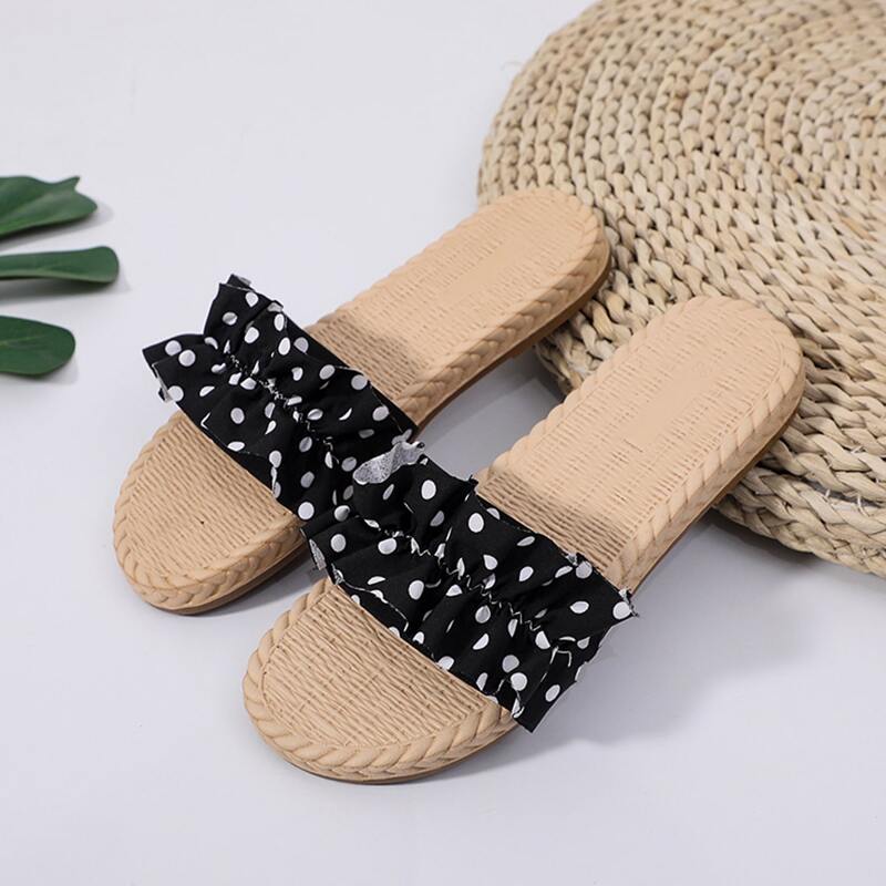 

Polka Dot Ruffle Band Slide Sandals, Black