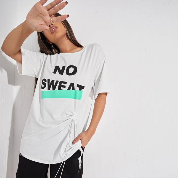 

Slogan Graphic Drawstring Detail Tee, White