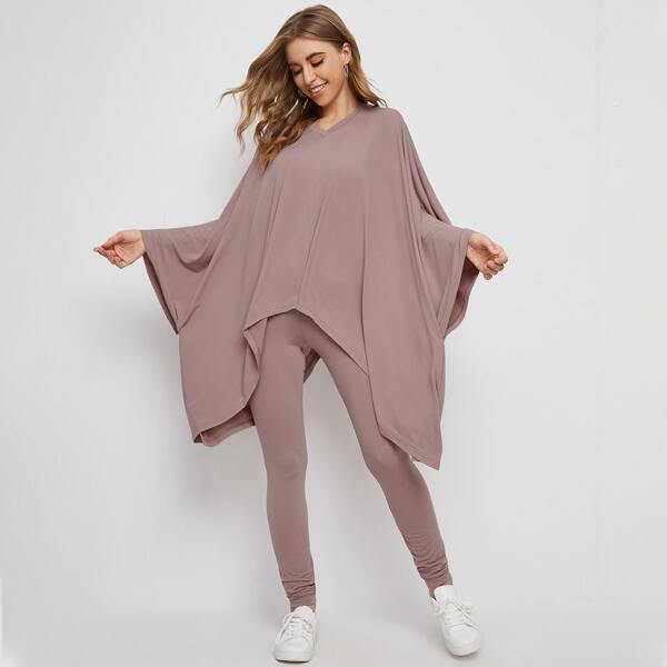 

Solid Batwing Sleeve Tee & Leggings Set, Dusty pink