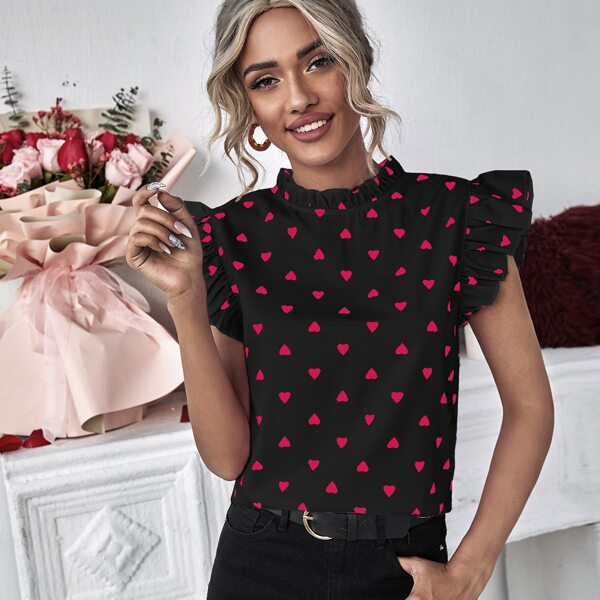 

Heart Print Frill Neck Blouse, Multicolor