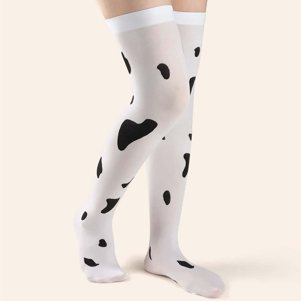 

Cow Print Over-the-knee Socks, Black and white