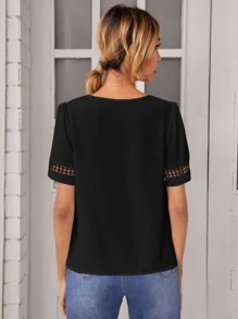 SHEIN Frenchy Contrast Lace Short Sleeve Blouse Elegant - Black - View 2