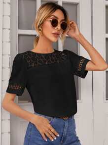 SHEIN Frenchy Contrast Lace Short Sleeve Blouse Elegant - Black - View 5