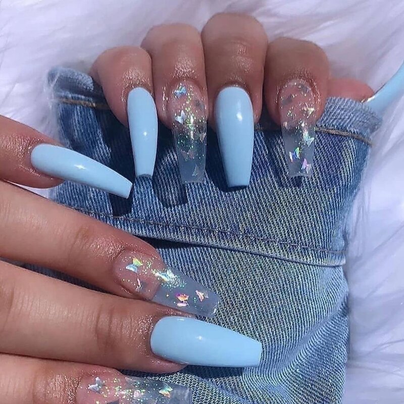 

24pcs Glitter Butterfly Fake Nail, Blue