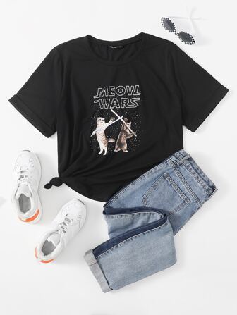 Plus Cat And Slogan Graphic Tee