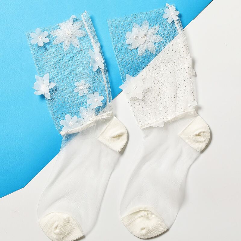 

1pair Floral Decor Mesh Socks, White