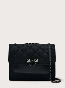 防水、輕盈、商務休閒迷你絎縫翻蓋鏈單肩包適合青少年女孩女大學生、菜鳥和白領，非常適合辦公室、大學、工作、商務、通勤 - 黑色 - 查看 1