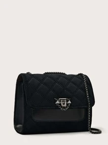 防水、輕盈、商務休閒迷你絎縫翻蓋鏈單肩包適合青少年女孩女大學生、菜鳥和白領，非常適合辦公室、大學、工作、商務、通勤 - 黑色 - 查看 2