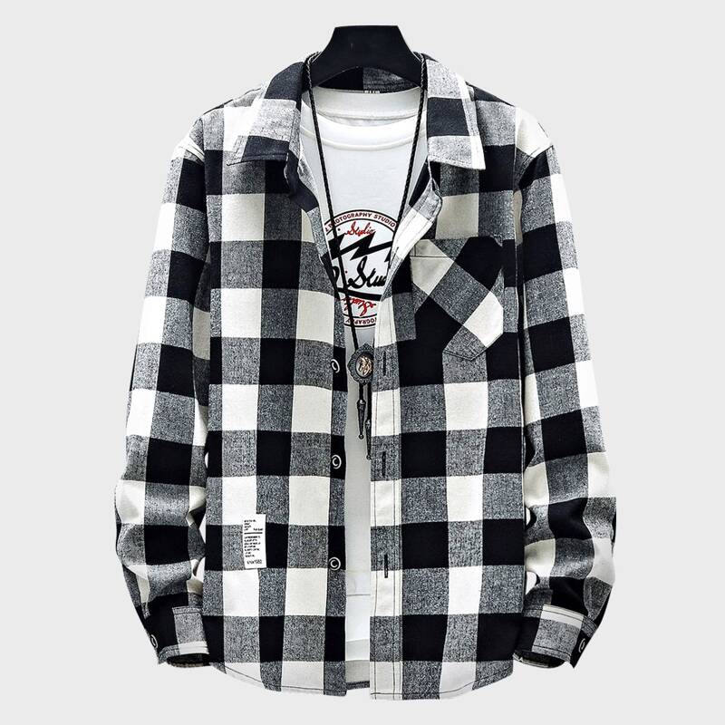 

Guys Button Front Plaid Flannel Shirt, Black and white