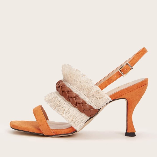 

Braided & Fringe Design Slingback Sandals, Orange