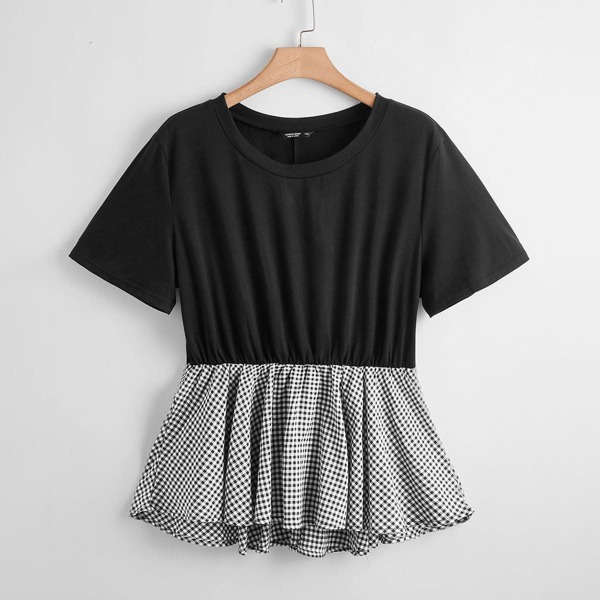 

Plus Gingham Ruffle Hem Top, Black