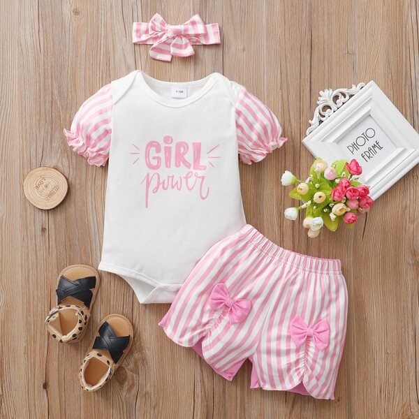 

Baby Girl Striped Romper & Bow Shorts & Headband, Multicolor