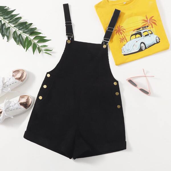 

Buttoned Side Cord Pinafore Romper, Black