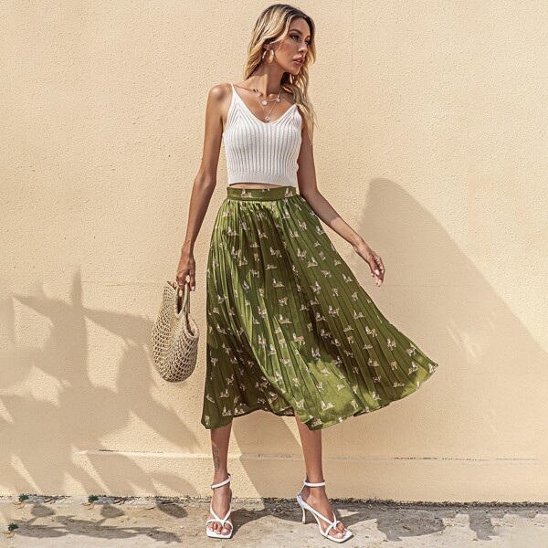 

Tiger Print Pleated Skirt, Army green