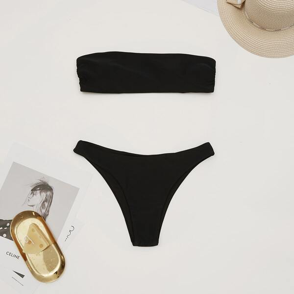 

4pack Bandeau Bikini Swimsuit & Bardot Cover Up Set, Black