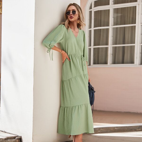 

Solid Wrap Ruffle Hem Smock Dress, Lime green