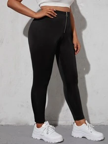 Leggings con cremallera delantera unicolor - Negro - Ver 1