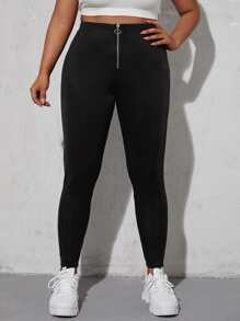 Leggings con cremallera delantera unicolor - Negro - Ver 3