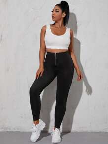 Leggings con cremallera delantera unicolor - Negro - Ver 4