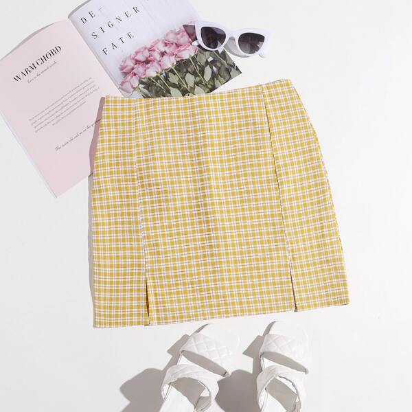 

Gingham Split Hem Skirt, Yellow