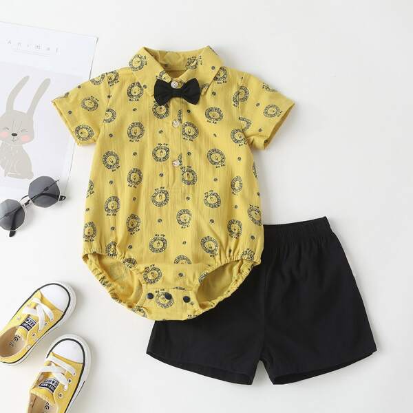 

Baby Boy Letter And Cartoon Graphic Bodysuit With Shorts, Multicolor
