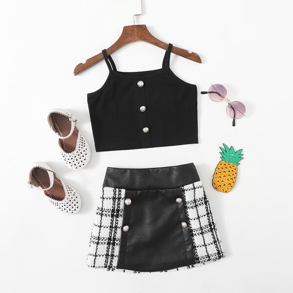 

Toddler Girls Crop Cami Top With Plaid Print Skirt, Black and white