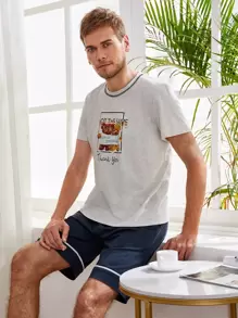 Men Cartoon Bear & Letter Graphic PJ Set - Multicolor - View 3